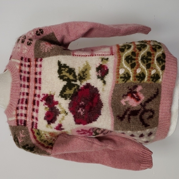 Vintage Studio Shetland Wool Sweater Cottagecore Dropped Shoulder Pink & Green S - Picture 14 of 14